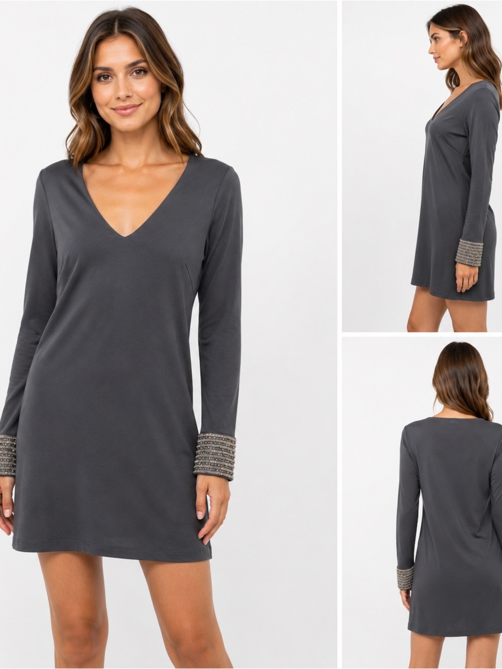 bebe Charcoal V-Neck Dress in Dark Gray